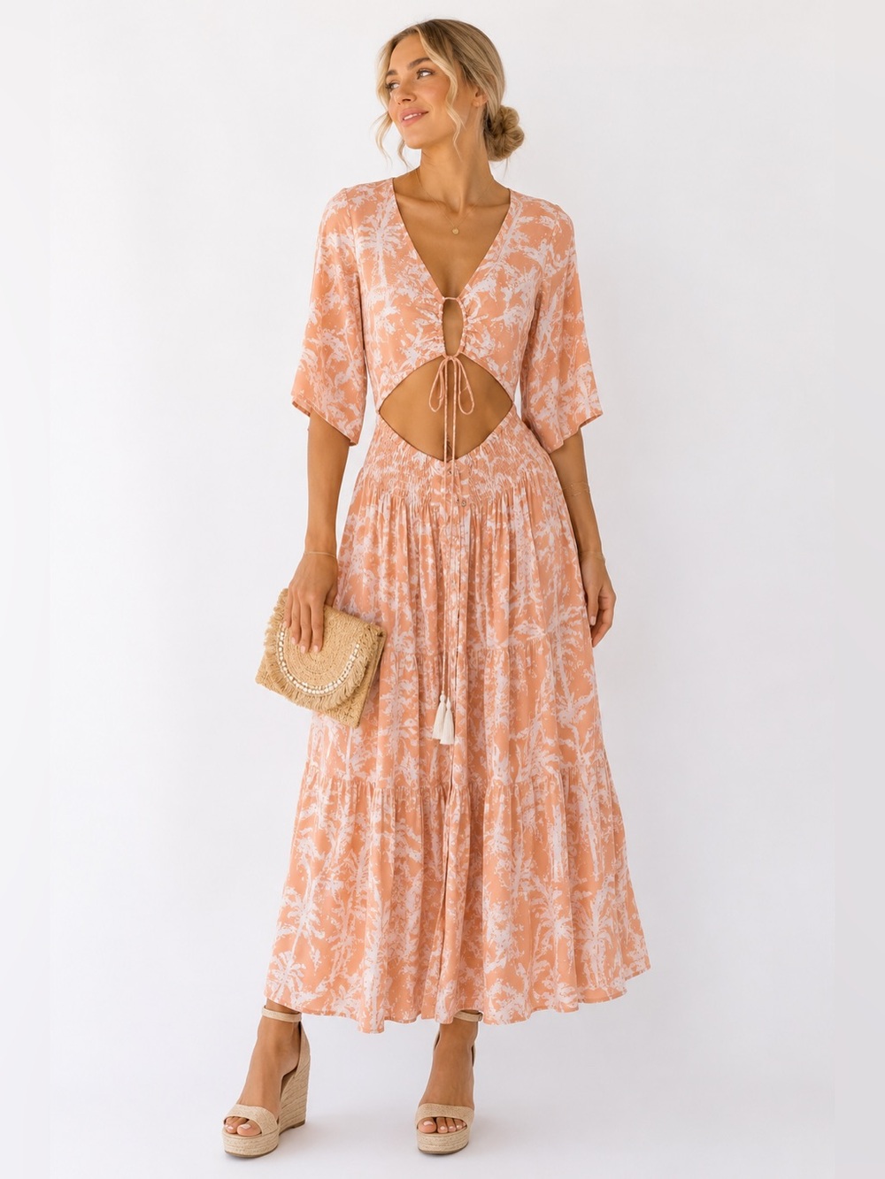 Left Coast Peach Palm Print Cutout Maxi Dress S Tie Front Boho Resort